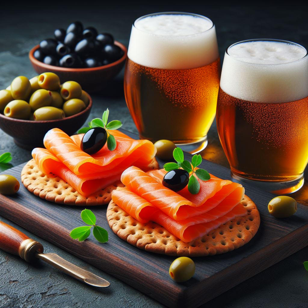 bicchieri di birra e salmone affumicato